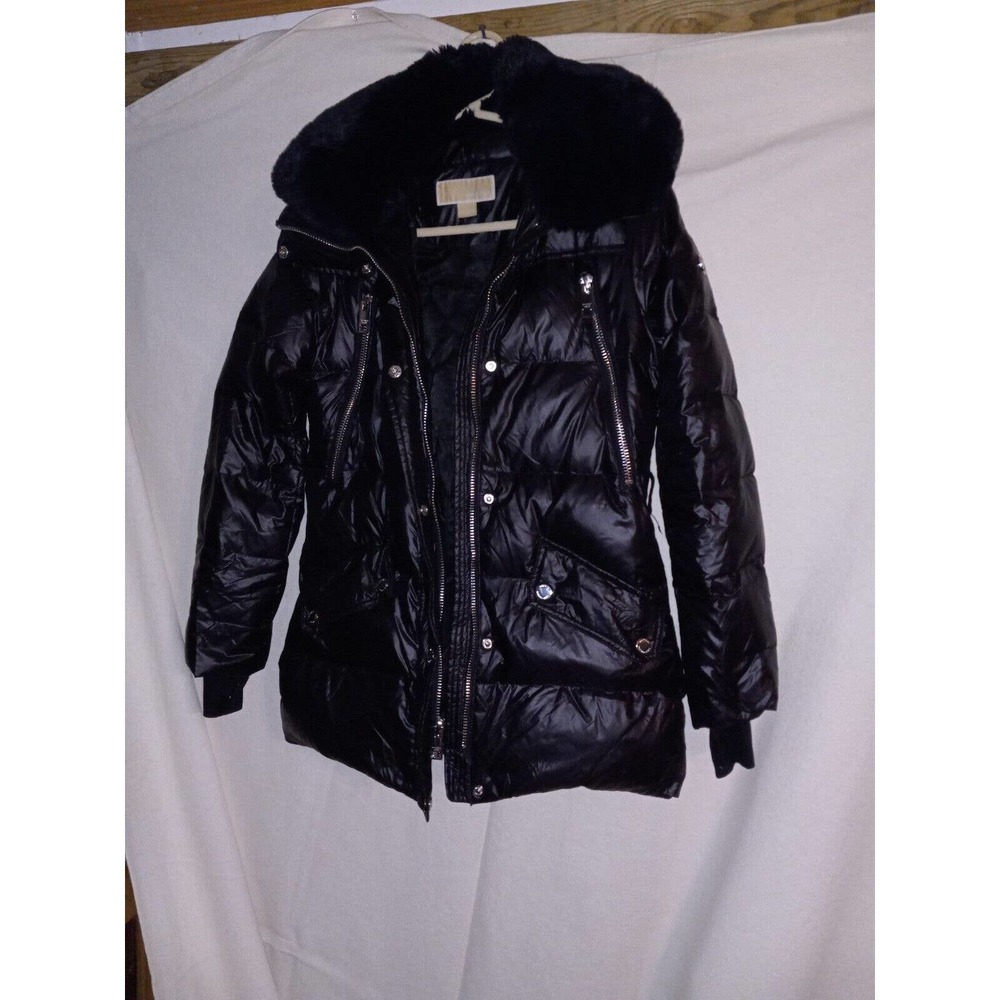 MICHAEL KORS Women's X Small, Faux-Fur-Trim Hooded Puffer Jacket Black